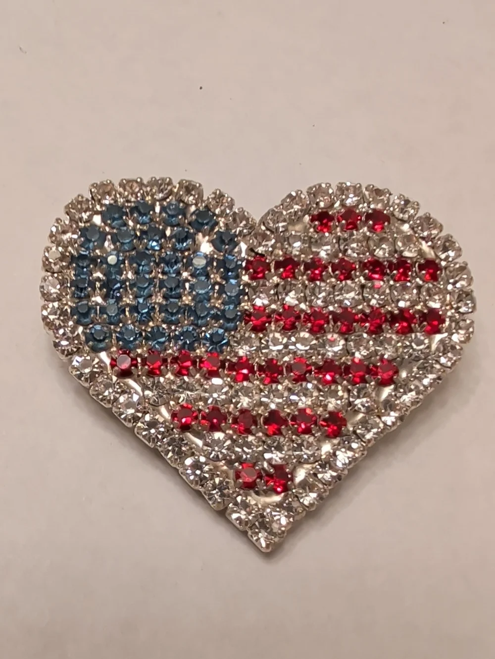 Crystal American Flag Heart Brooch - Red, Blue & Silver